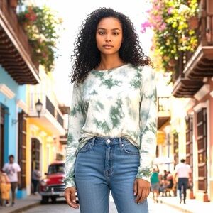 Workshop Green and White Tie Dye Long Sleeve Top Shirt Size Medium Comfy Casual